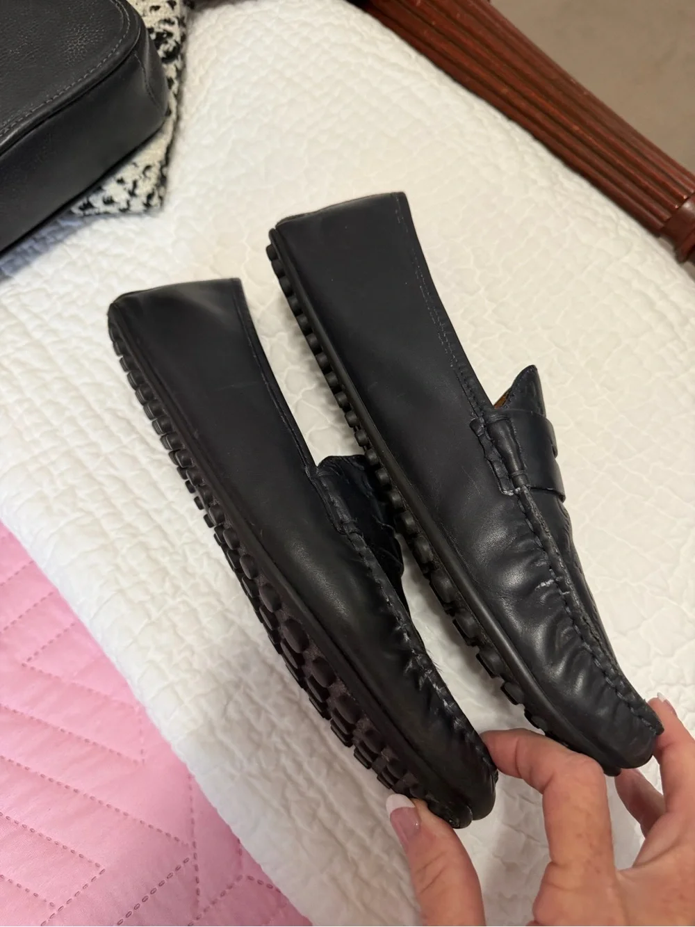 Gucci Black/ very dark navy Embossed GG Leather Penny Loafers